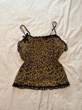 Leopard Print Lace Trim Cami Top - Brown